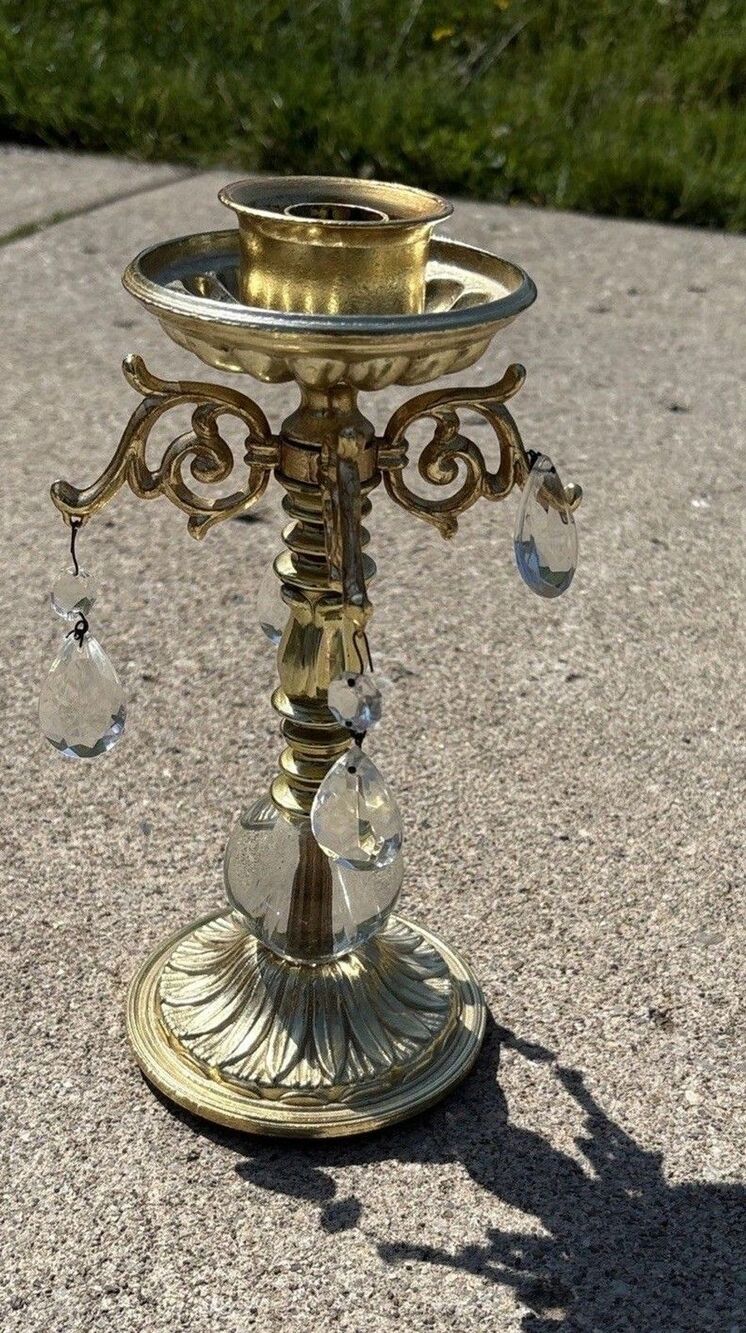 Vintage Dilly Candlestick Gold Tone Clear Prisms Hollywood Regency Candelabra
